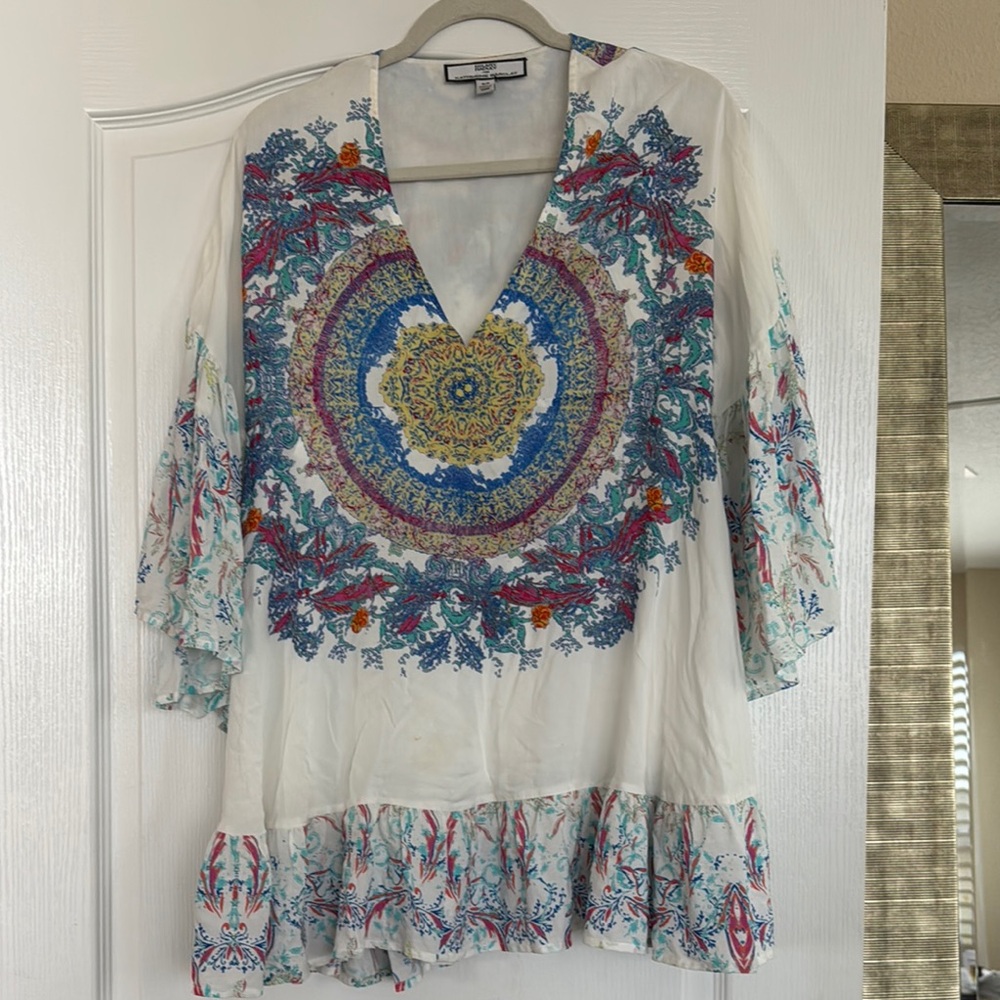Hilary Radley Blue and Gold Graphic Tunic with 3/4 Sleeves